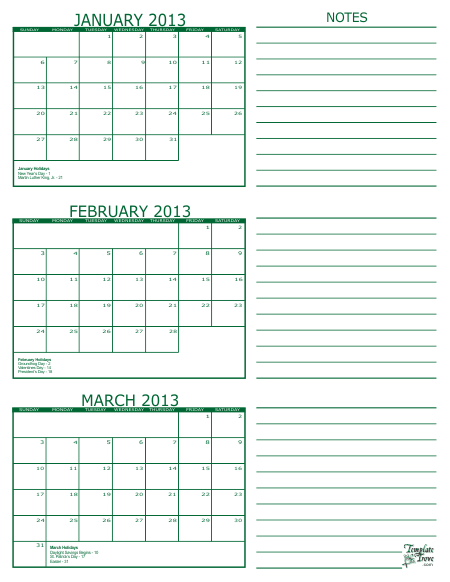 Free printable 3 month calendar in PDF format. Five colors to 
