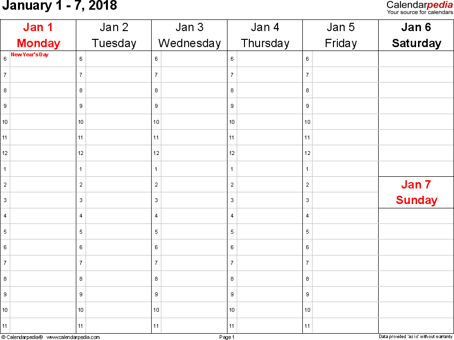 Weekly calendar 2018 for Word 12 free printable templates