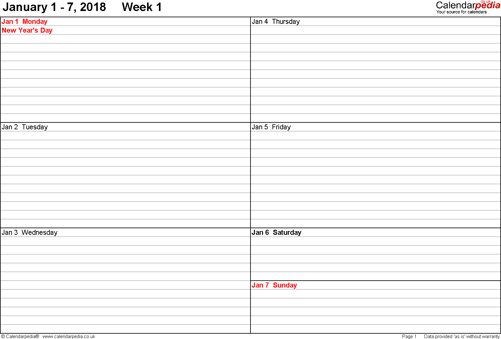 Weekly calendar 2018 for Word 12 free printable templates