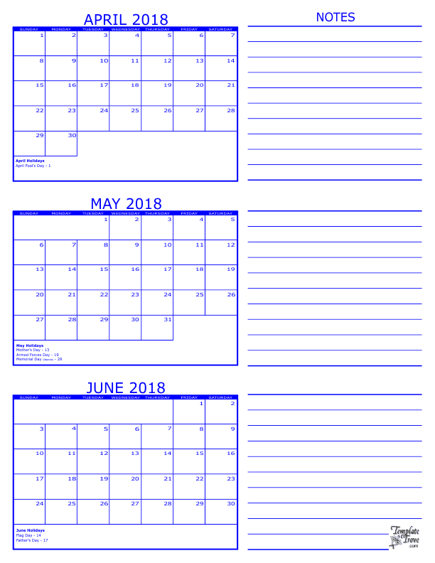 3 Month Calendar 2018