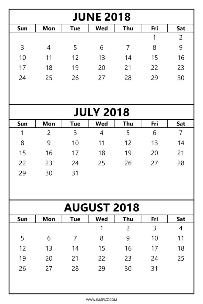 June July Calendar 2018