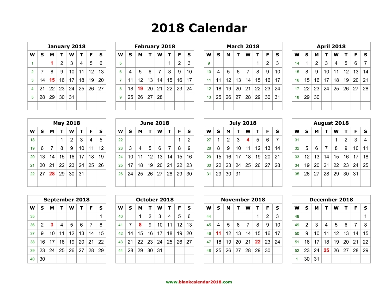 Blank Calendar 2018