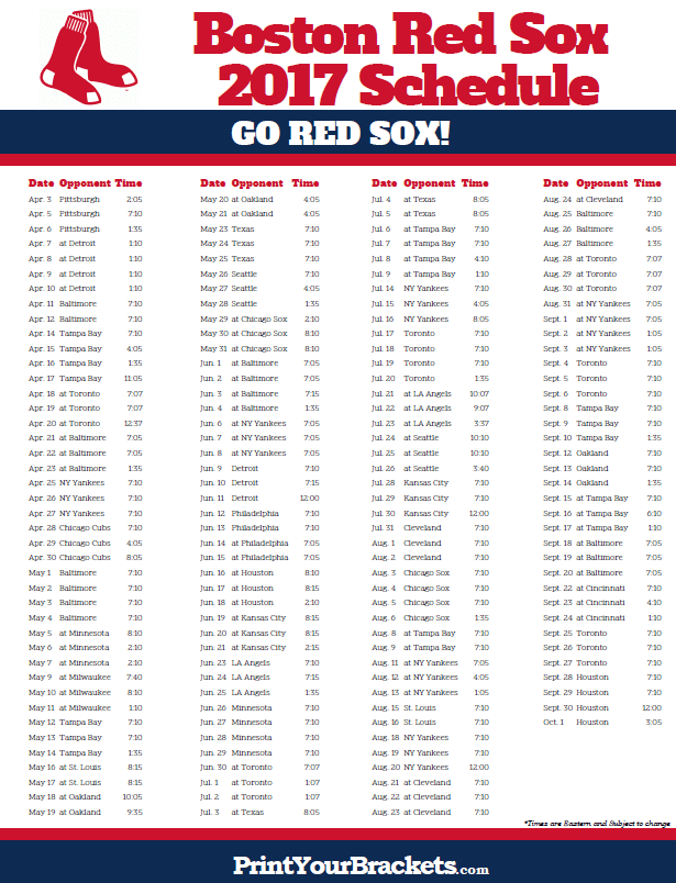 Printable Boston Red Sox Baseball Schedule 2017