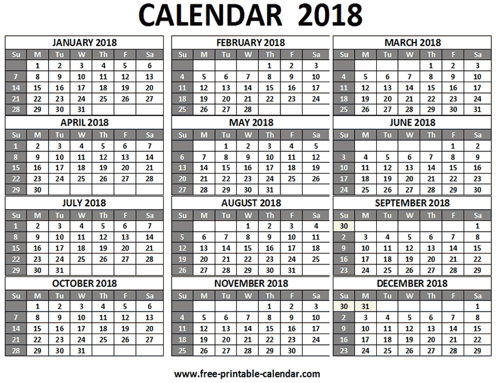 2018 12 month calendar Toreto.co