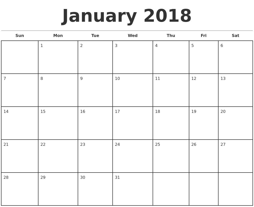 2018 Printable Monthly Calendar
