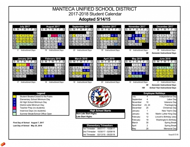 Manteca Unified School District Calendar | Printable Calendar 2017