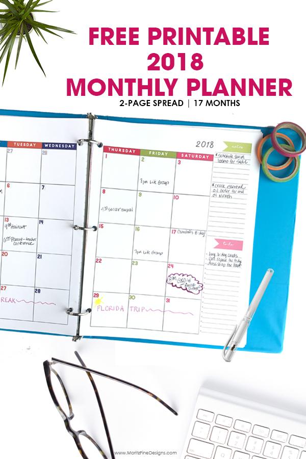 2018 Monthly Planner | Free Printable Calendar, 2 Page Spread
