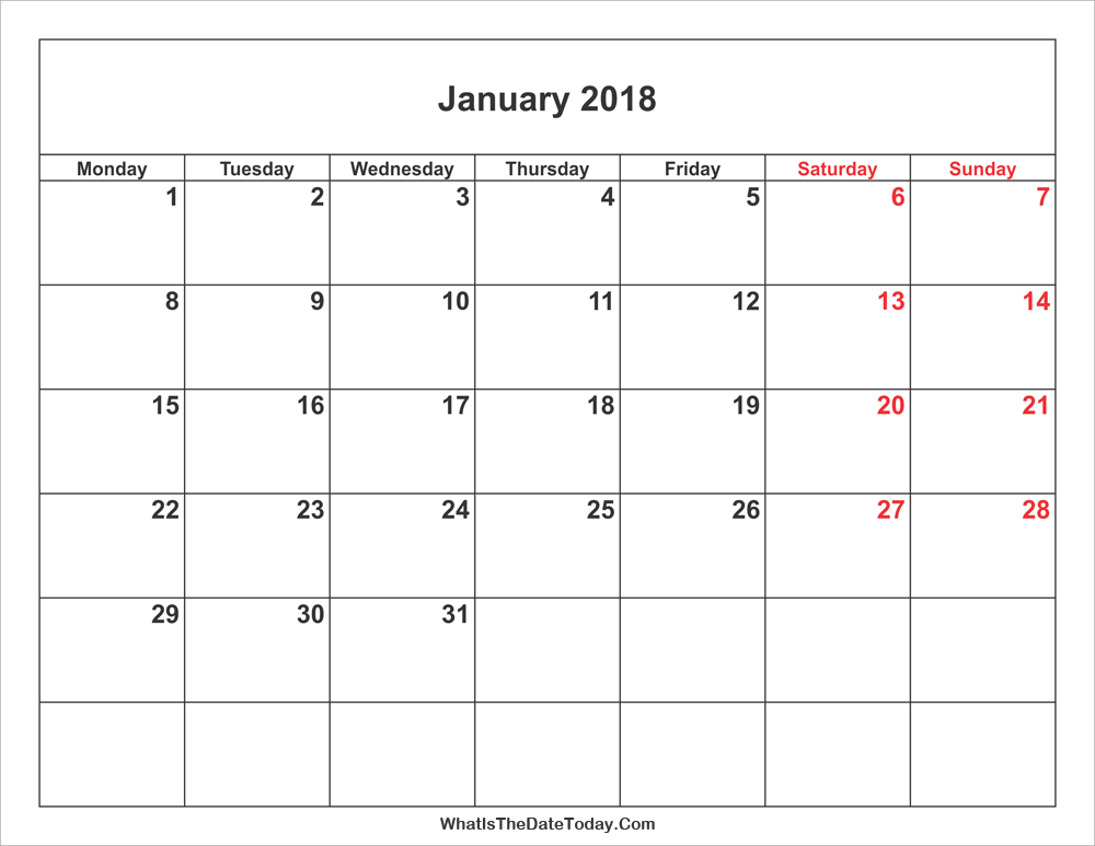 January 2018 Calendar with Weekend Highlight | Whatisthedatetoday.Com