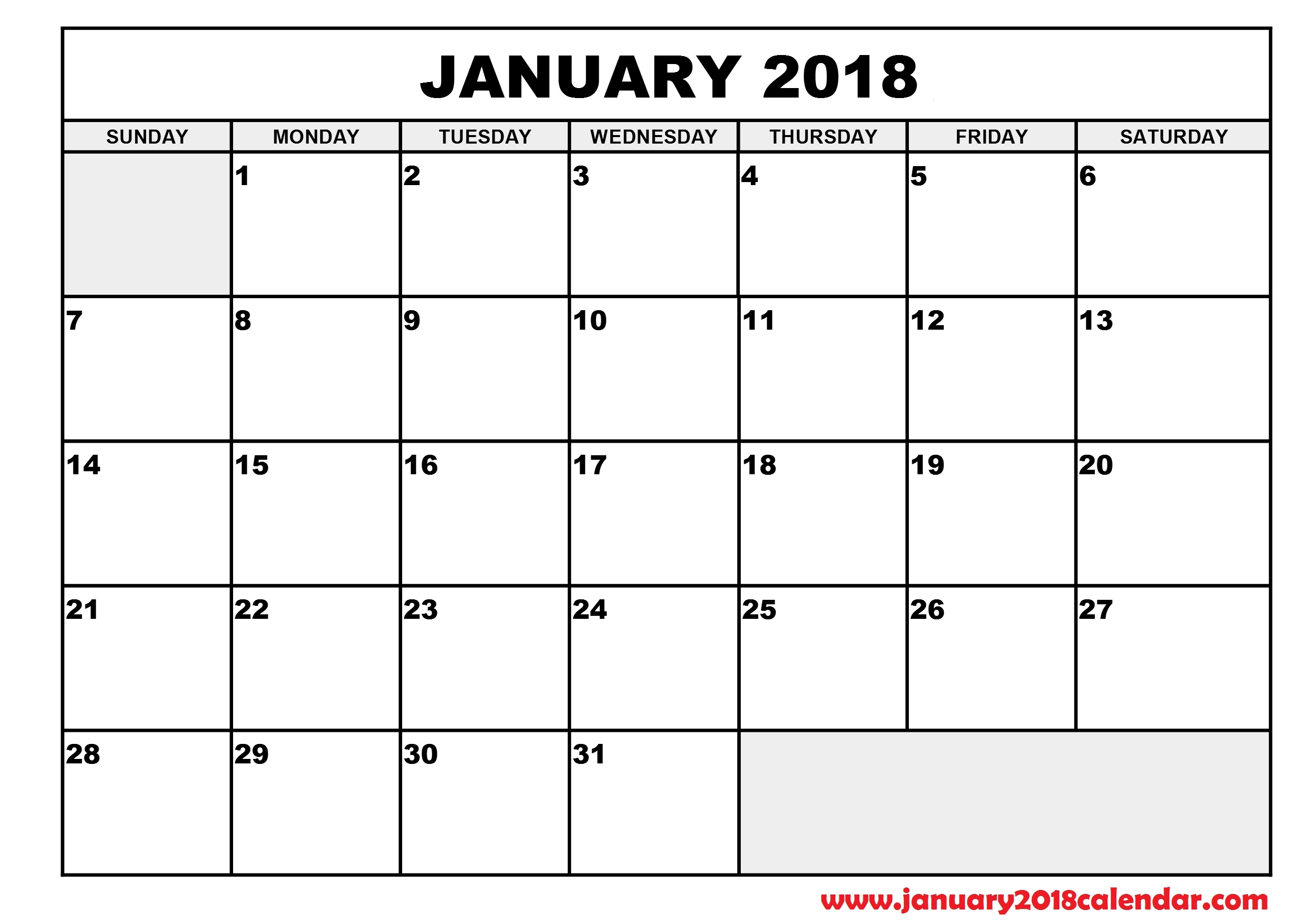 Free January 2018 Calendar Without Weekends | Printable Calendar 2018