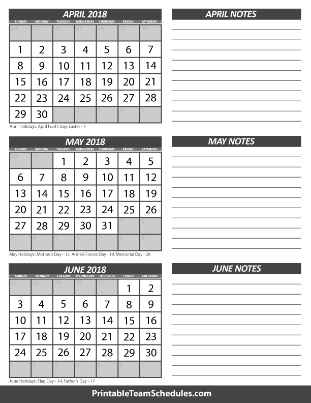 May June Calendar 2018
