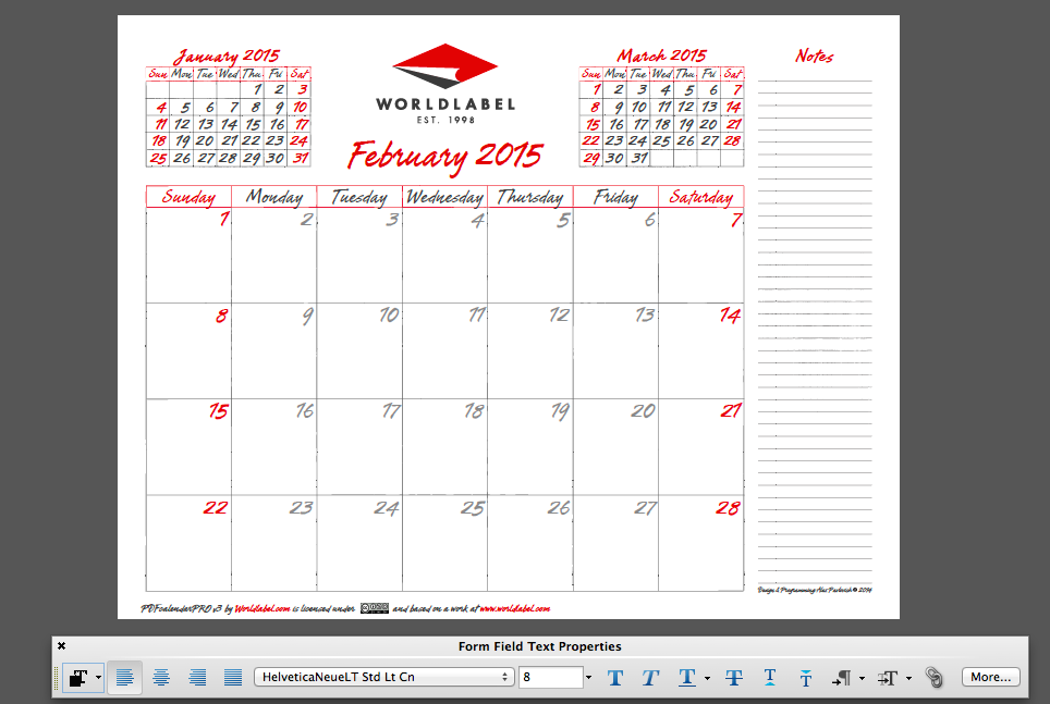 2015 Editable Fillable PDF Calendar Template from Worldlabel 