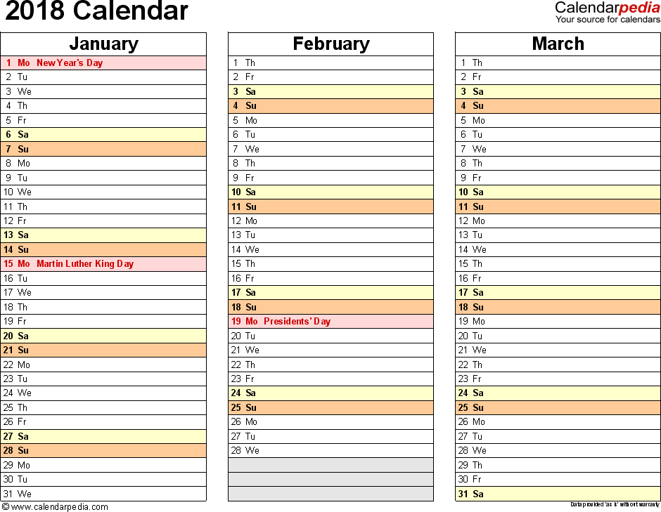2018 Calendar Download 17 free printable Excel templates (.xlsx)