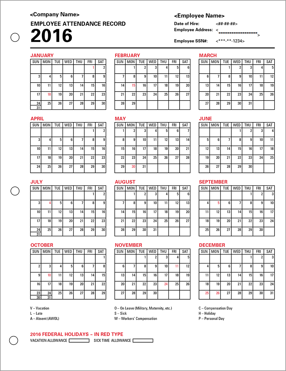 Free Printable Employee Attendance Calendar Template 2016 89uj 