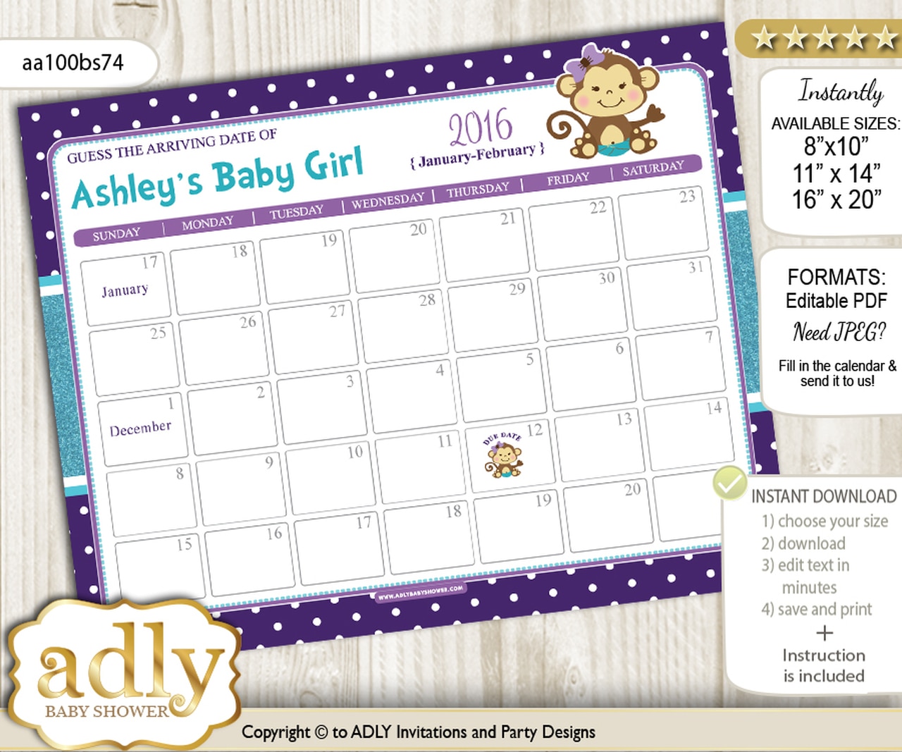 DIY Girl Monkey Baby Due Date Calendar, guess baby arrival date 