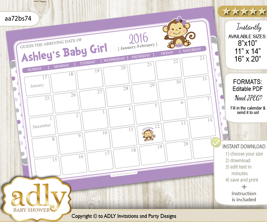 Girl Monkey Baby Due Date Calendar, guess baby arrival date game 