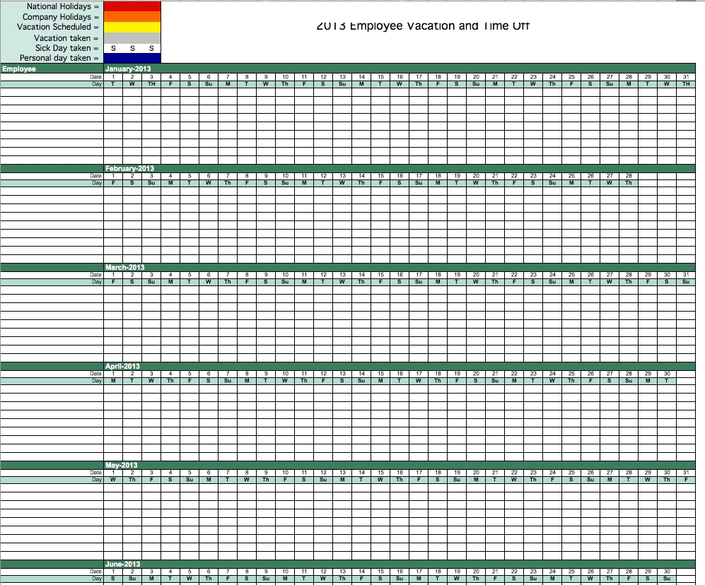 2013 Employee Vacation Tracking Calendar Template