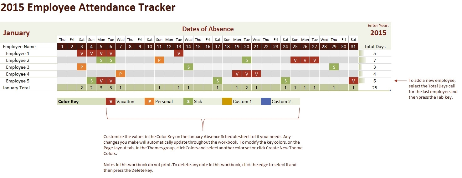 2015 Employee Attendance Tracking Calendar