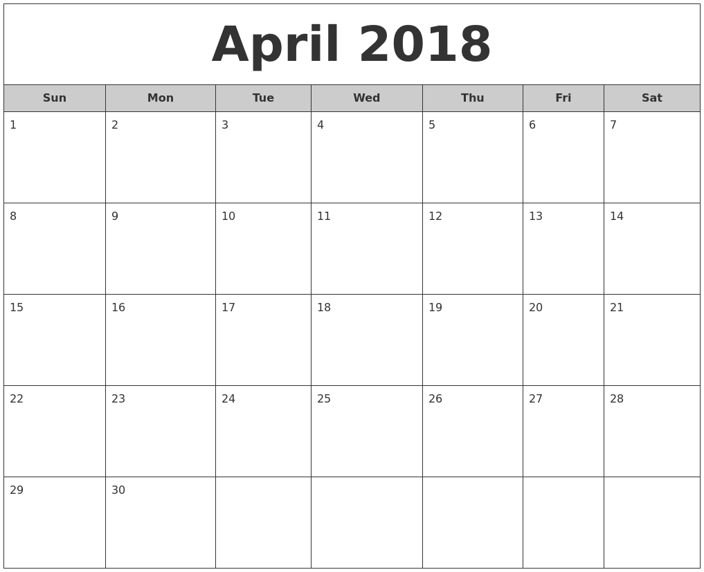 2018 September Calendar Template Excel — April Printable