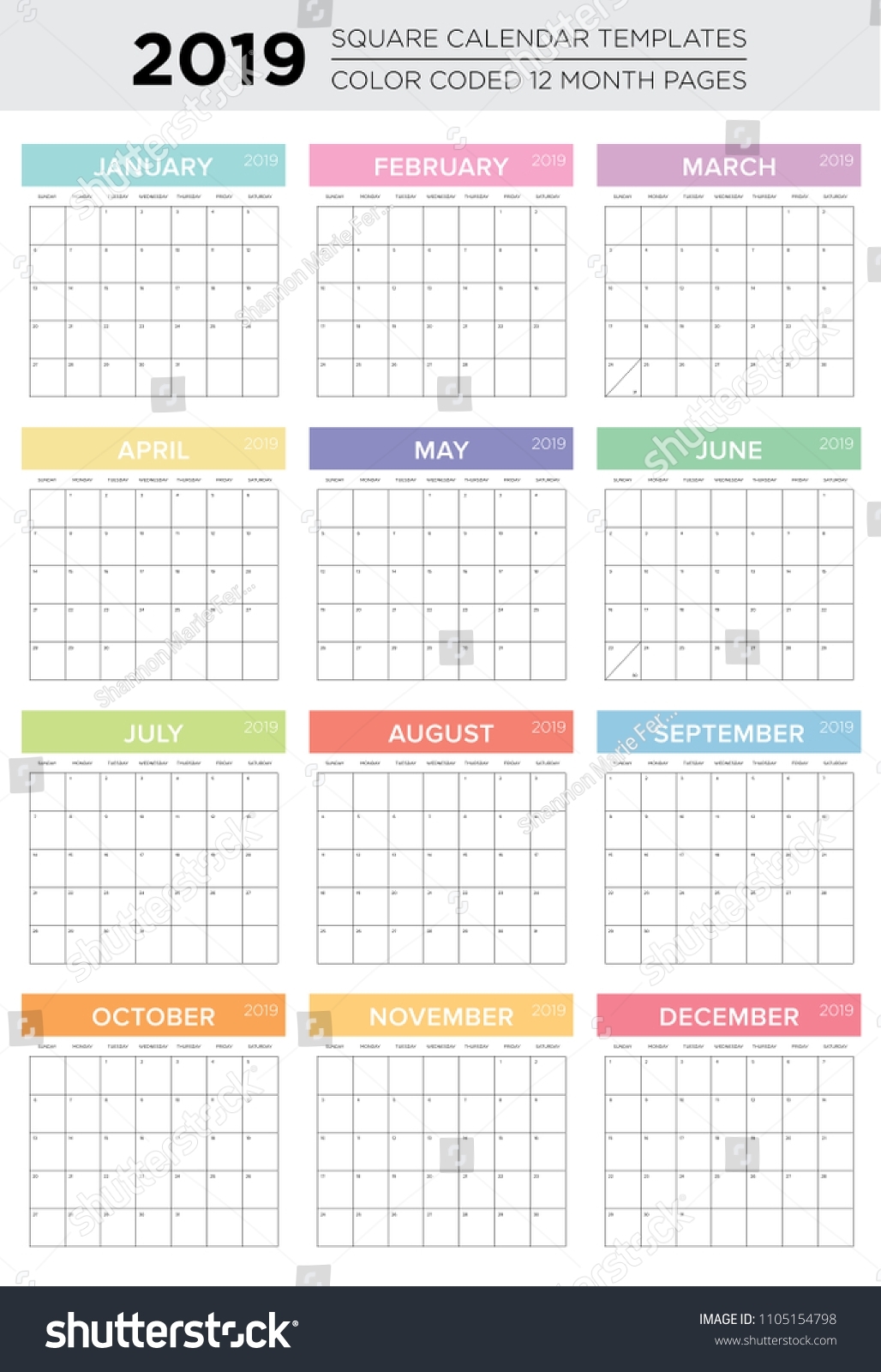 2019 12 Month Color Coded Calendar Stock Vector (Royalty