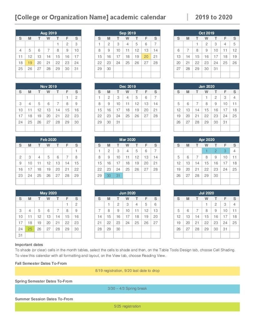 2019 2020 Academic Calendar Printable 2019 2020 Academic