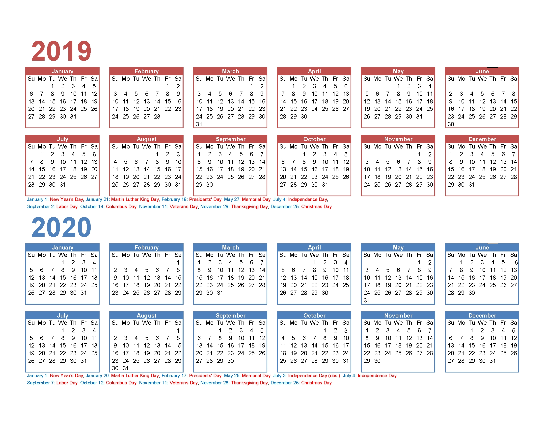 2019 And 2020 Monthly Calendar Printable Free Download