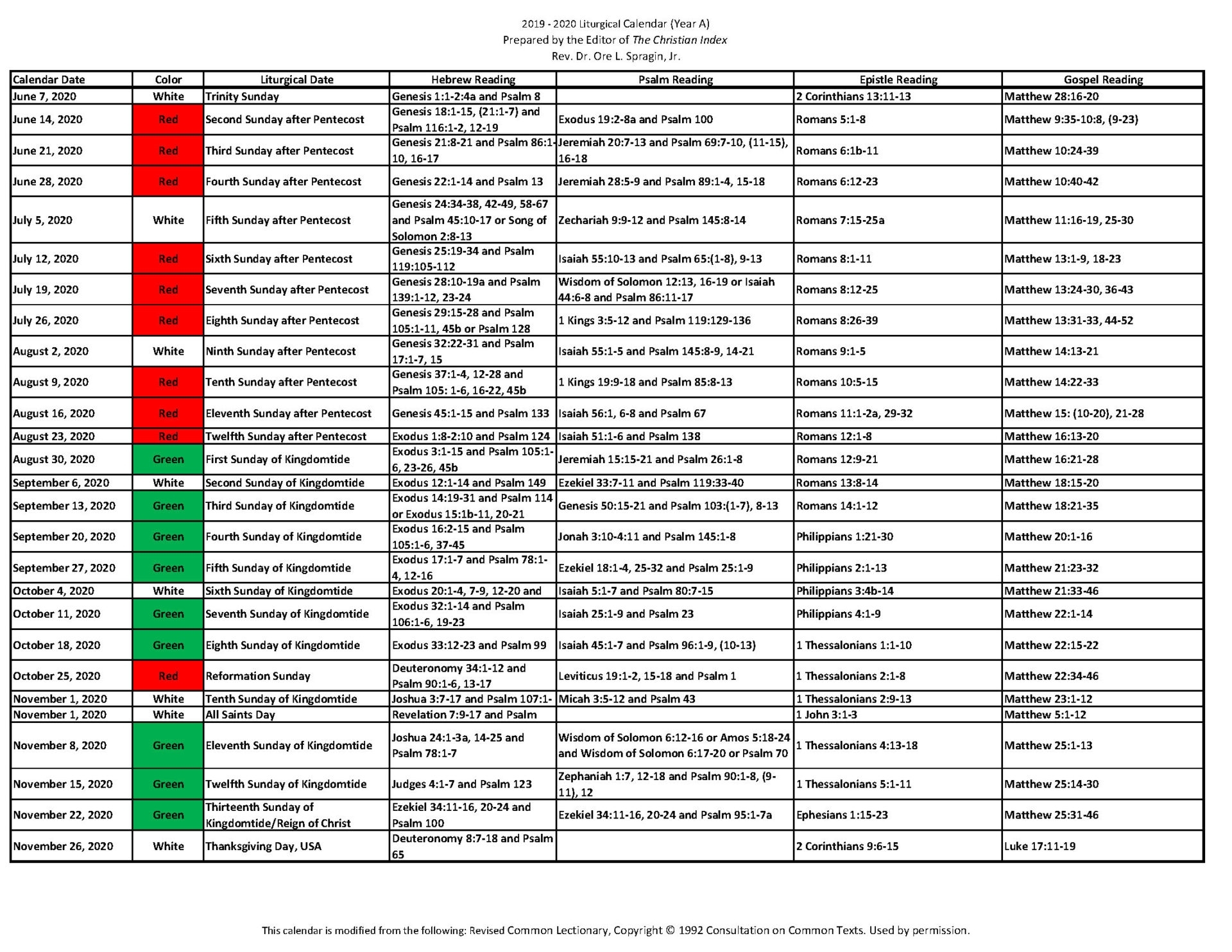 2019 ‐ 2020 Liturgical Calendar (Year A) - Christian