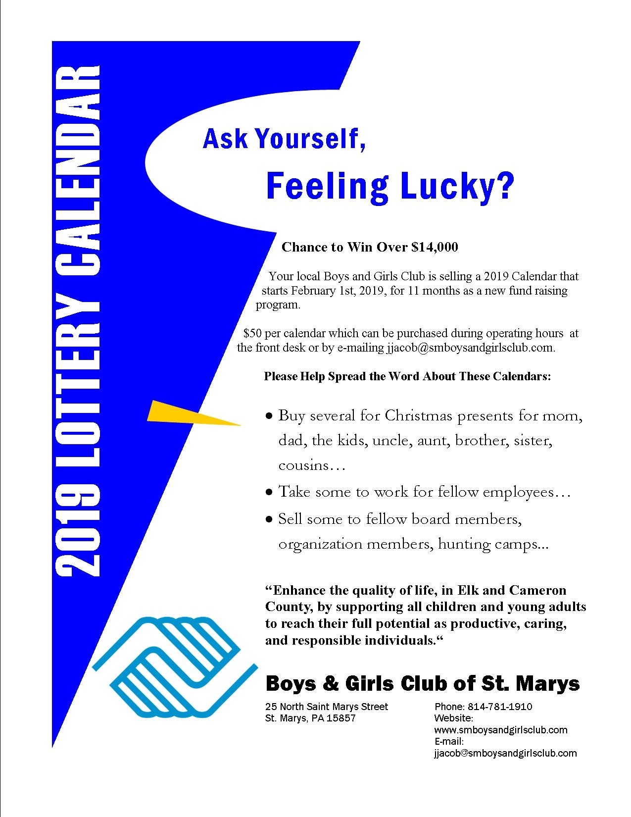 2019 Lottery Calendar Fundraiser – Boys &amp; Girls Club Of St