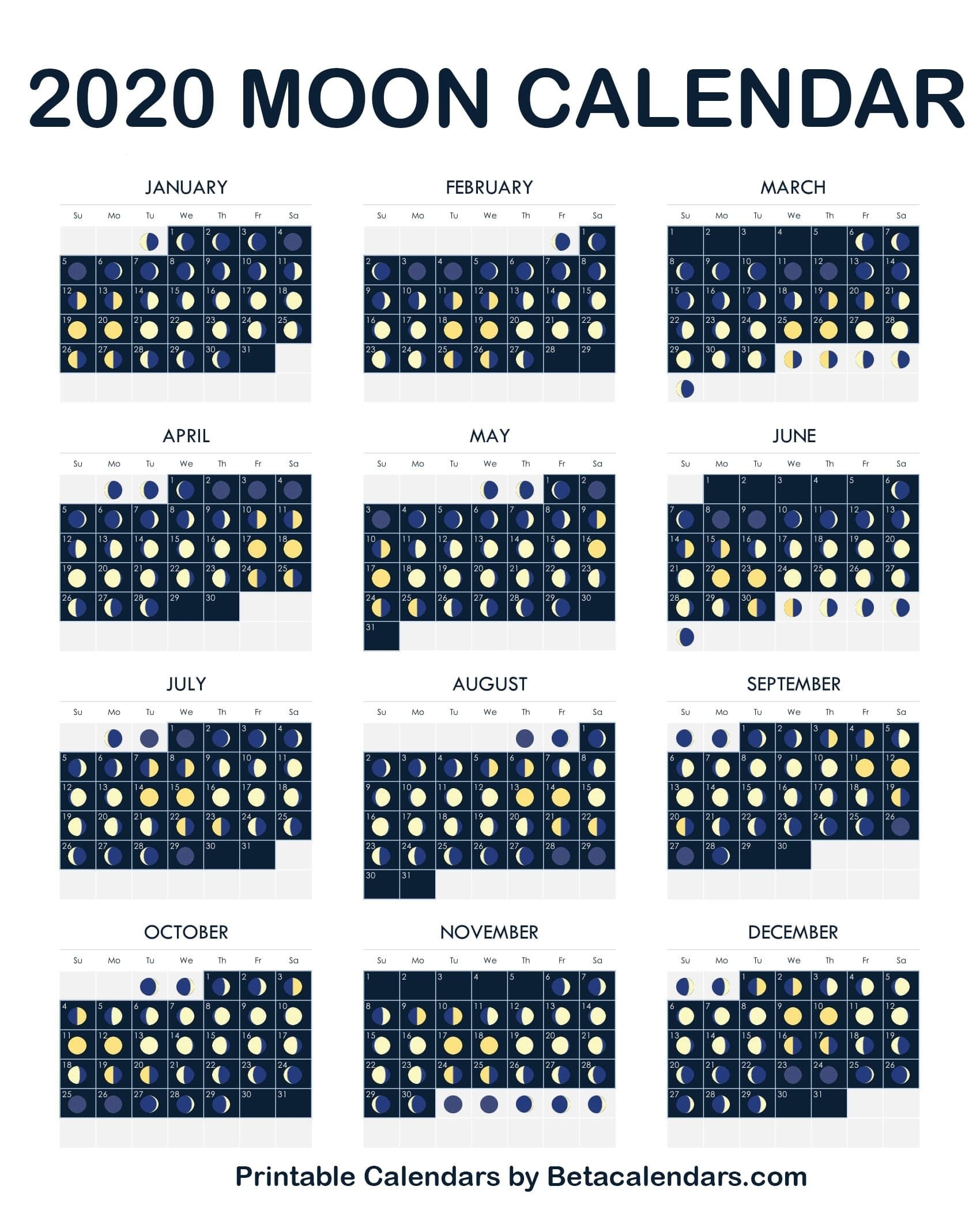 2020 Calendar - Free Printable Yearly Calendar 2020 | Moon