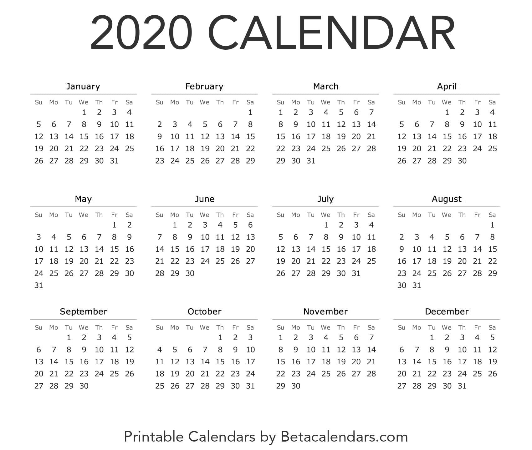 2020 Calendar - Free Printable Yearly Calendar 2020 (With