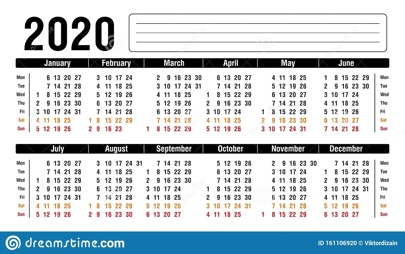 2020 Calendar Horizontal Template Stock Vector