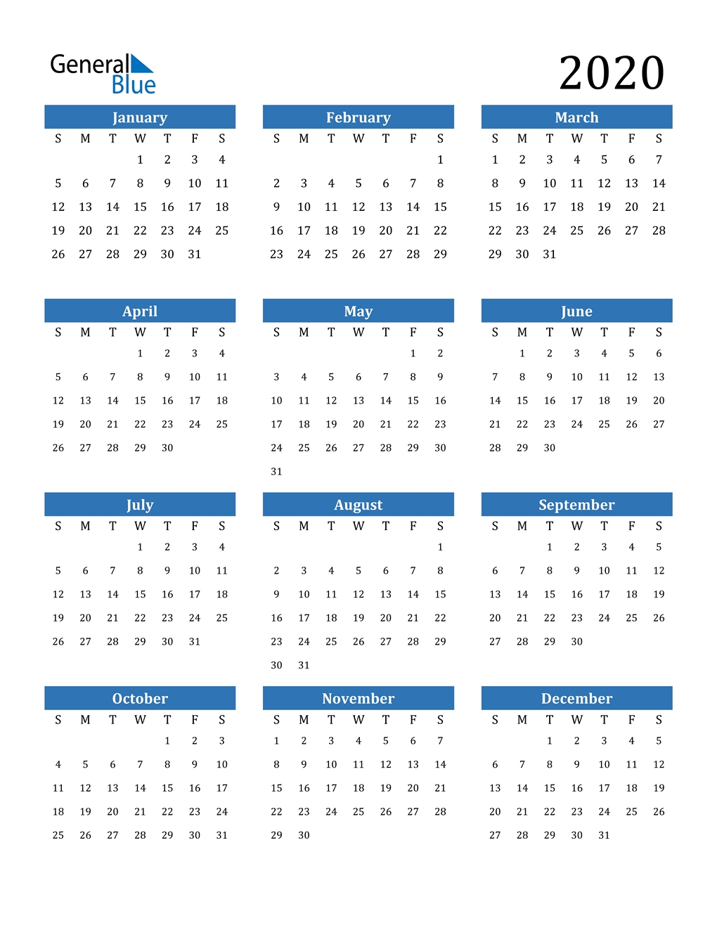 2020 Calendar (Pdf, Word, Excel)