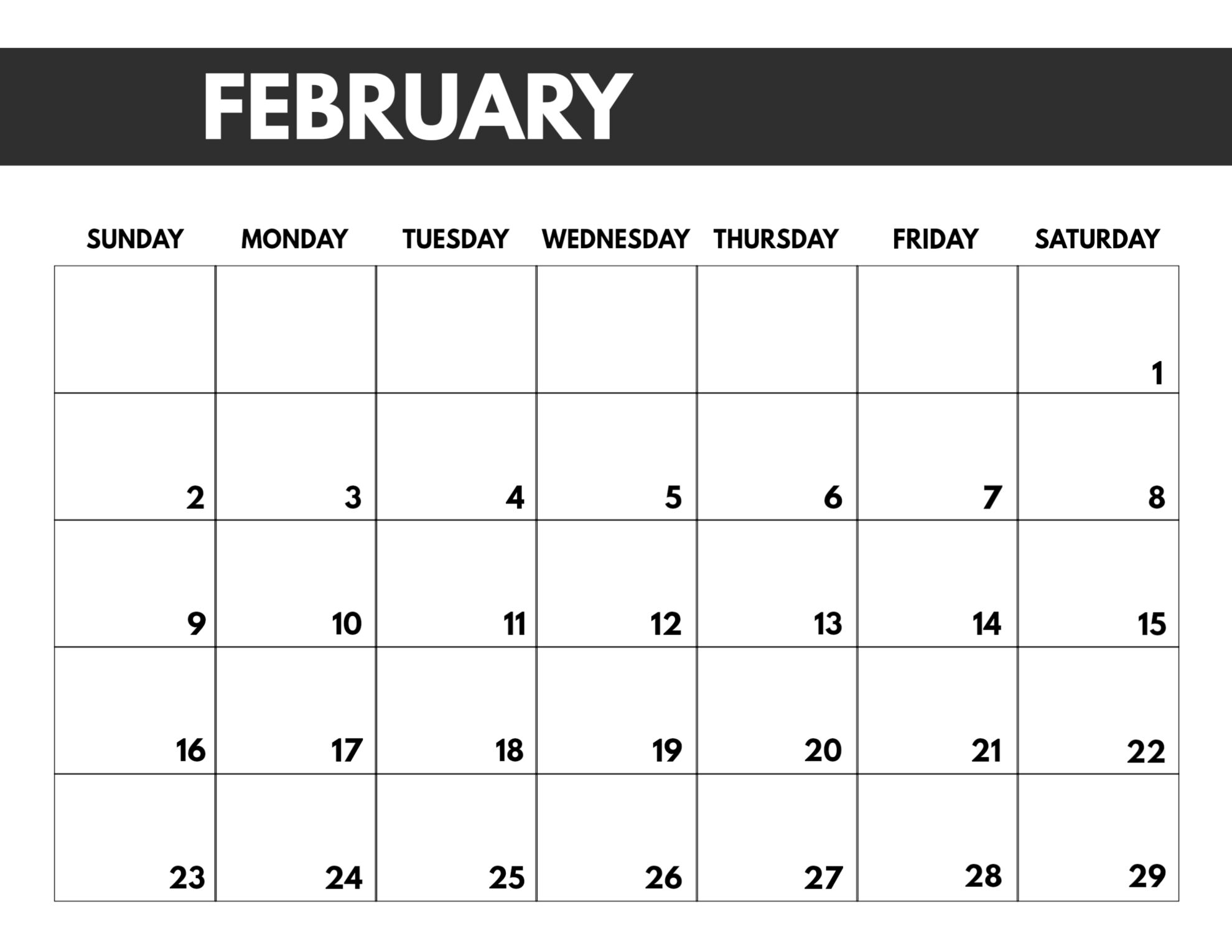 Calender Feb Big Block Calendar Template 2022