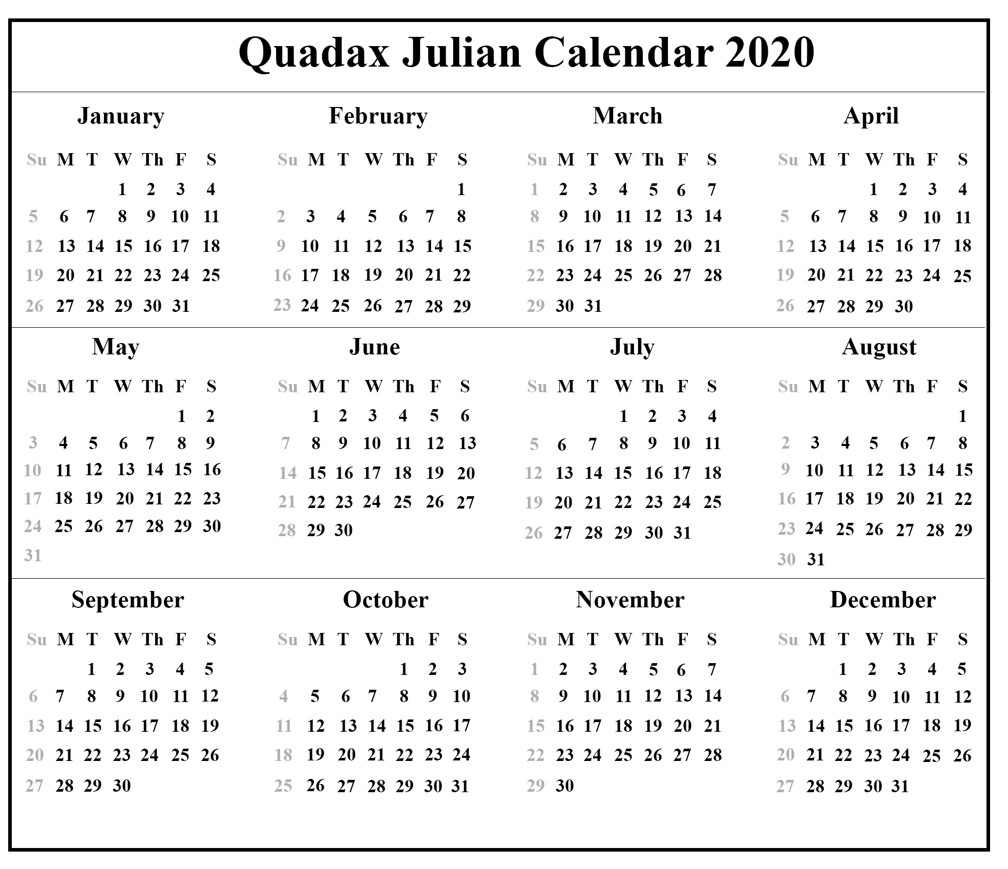 2020 Julian Date Calendar Printable - Mance