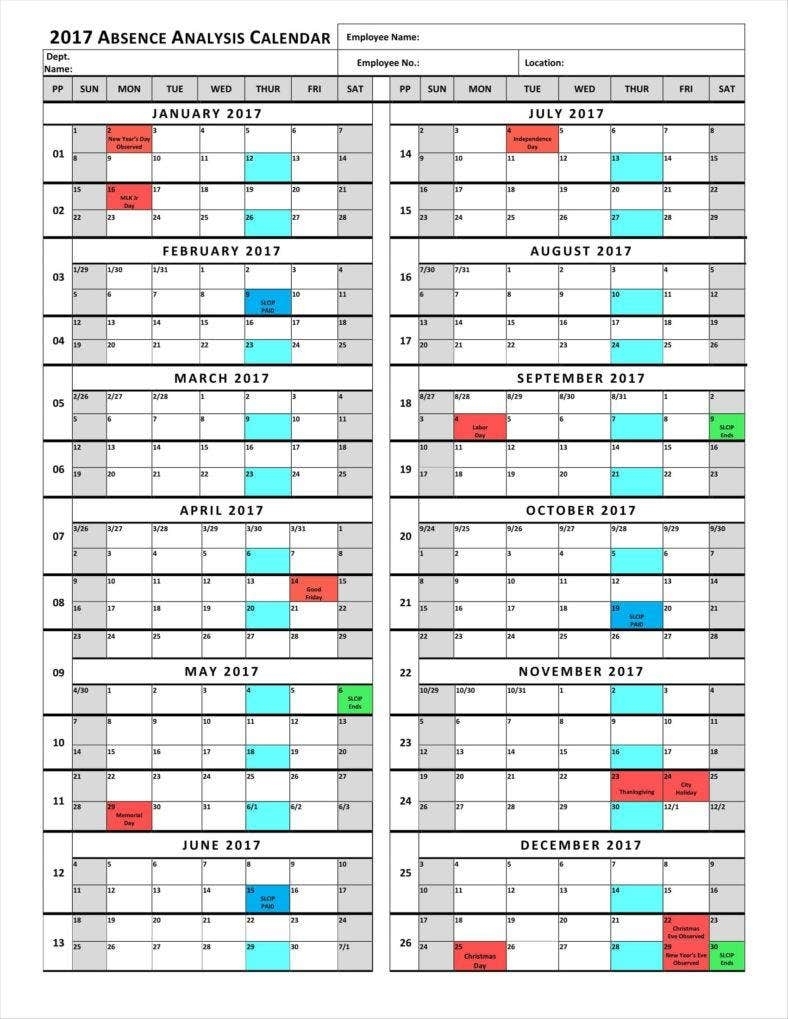 9+ Absence Calendar Templates Free Pdf, Excel Format