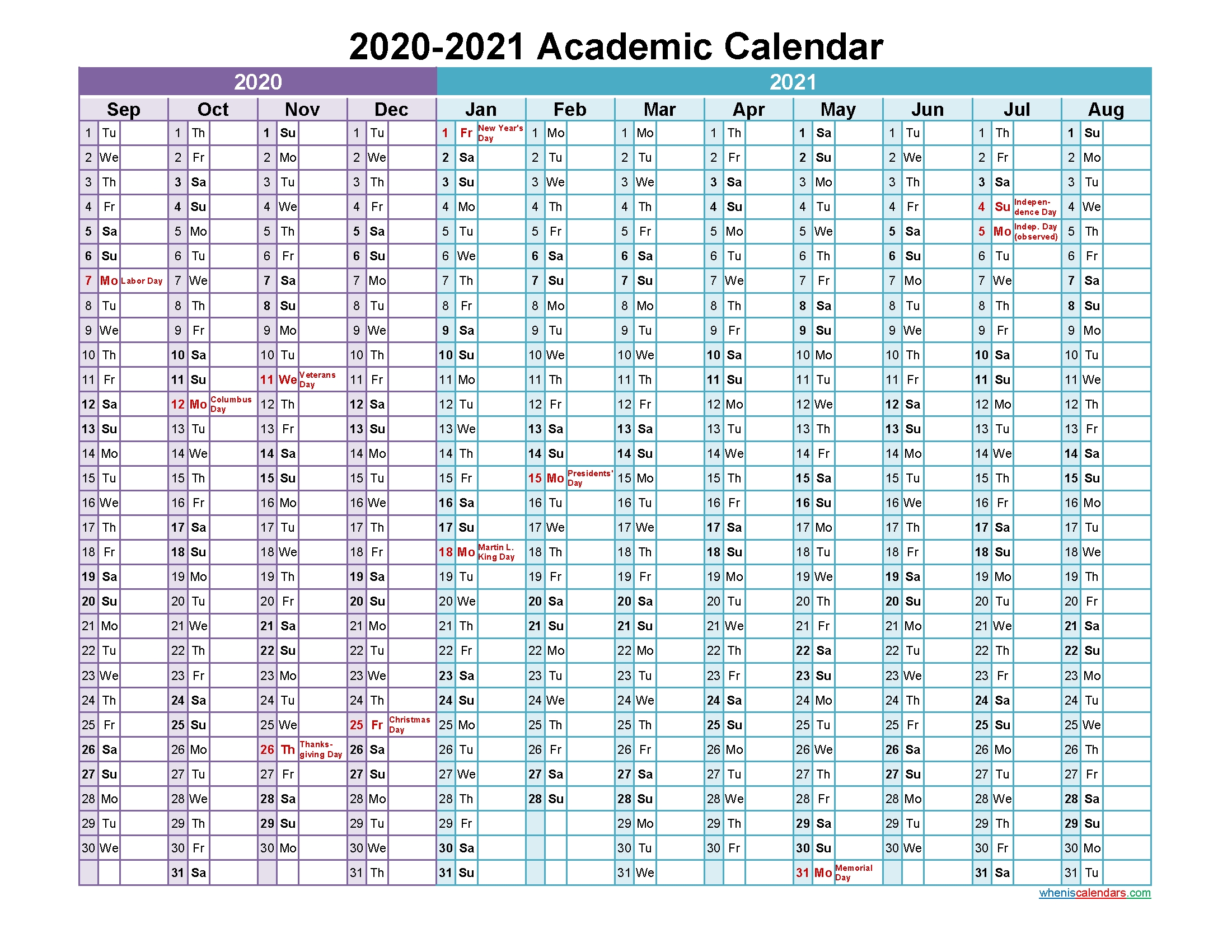 Academic Calendar 2020 And 2021 Printable (Landscape