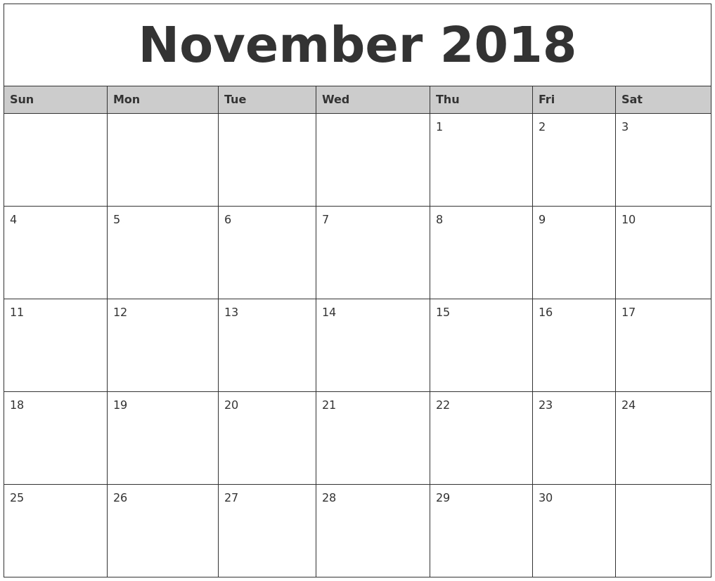 April 2018 Calendar Templates Printable — November Calendar