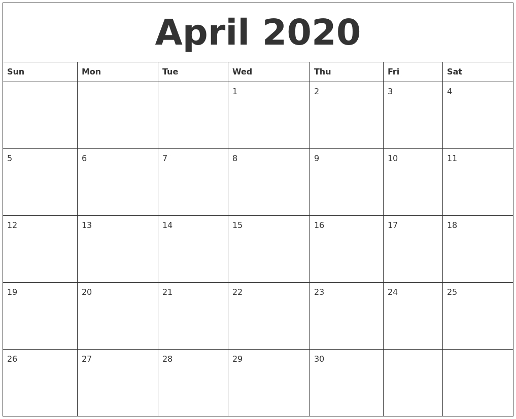 April 2020 Calendar Pdf, Word, Excel Printable Template