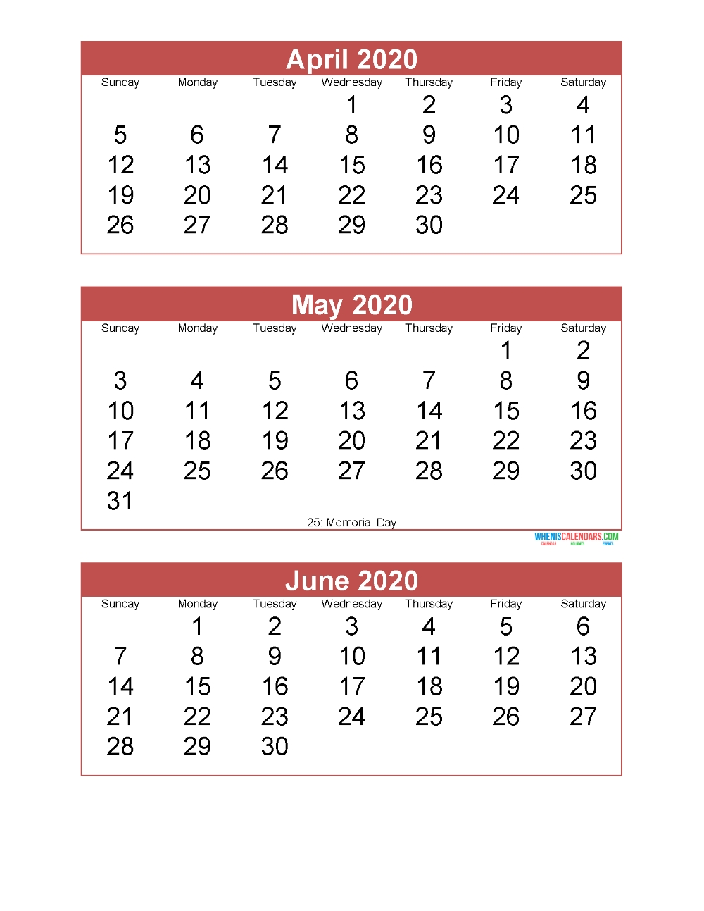 April May June 2020 Calendar 3 Months Per Page Printable