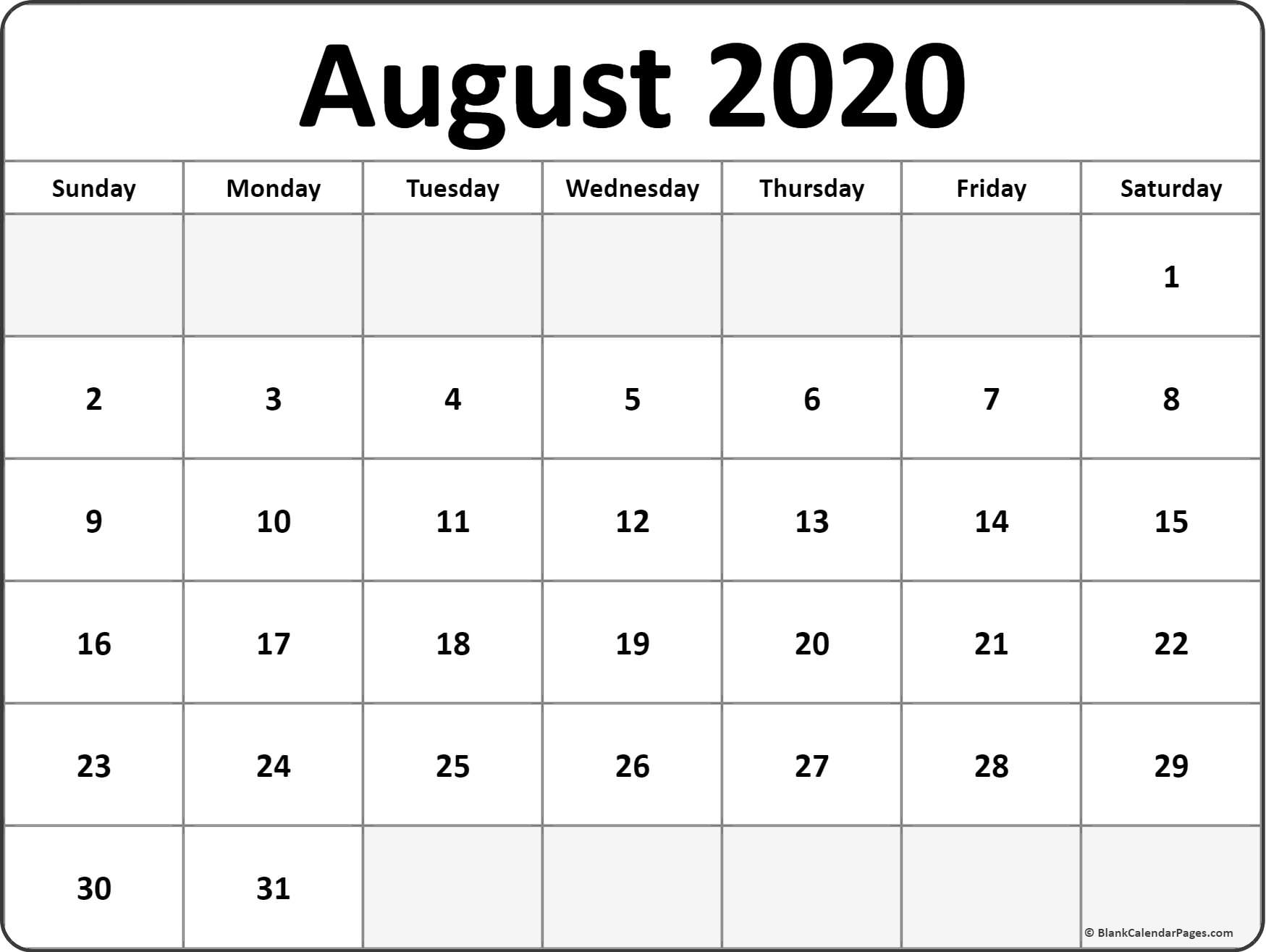 August 2020 Calendar | Free Printable Monthly Calendars