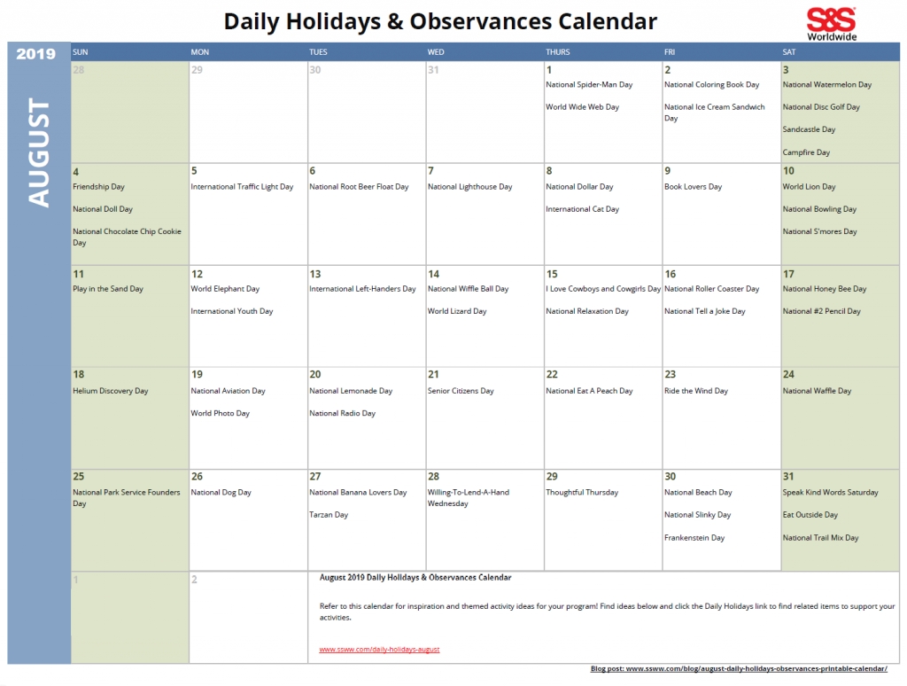 August Daily Holidays &amp; Observances Printable Calendar - S&amp;s