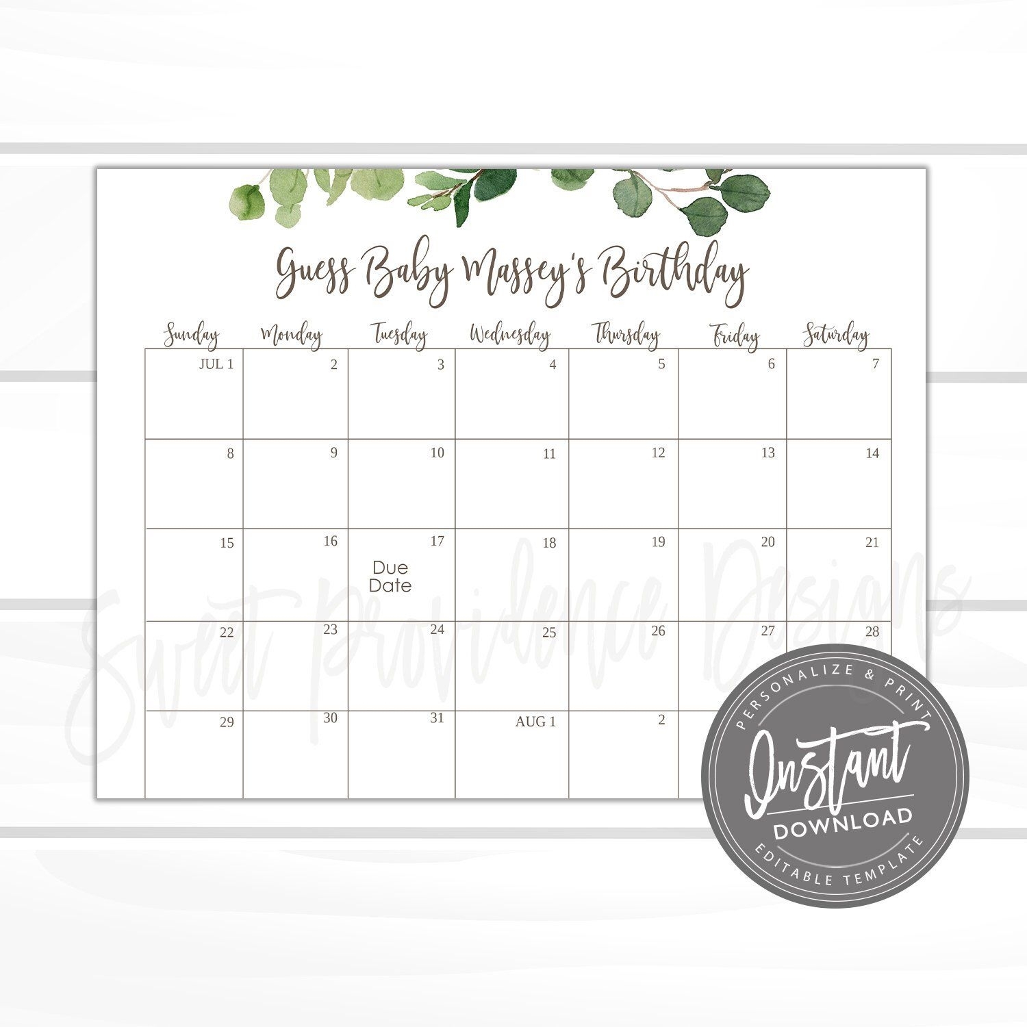 Baby Shower Due Date Calendar Game, Printable Greenery Guess