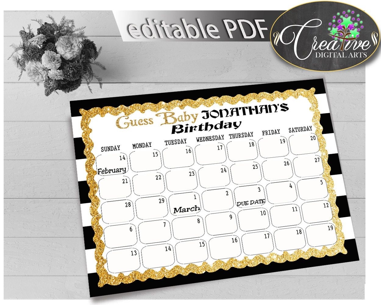 Black Gold Guess Baby Due Date Calendar Game Printable