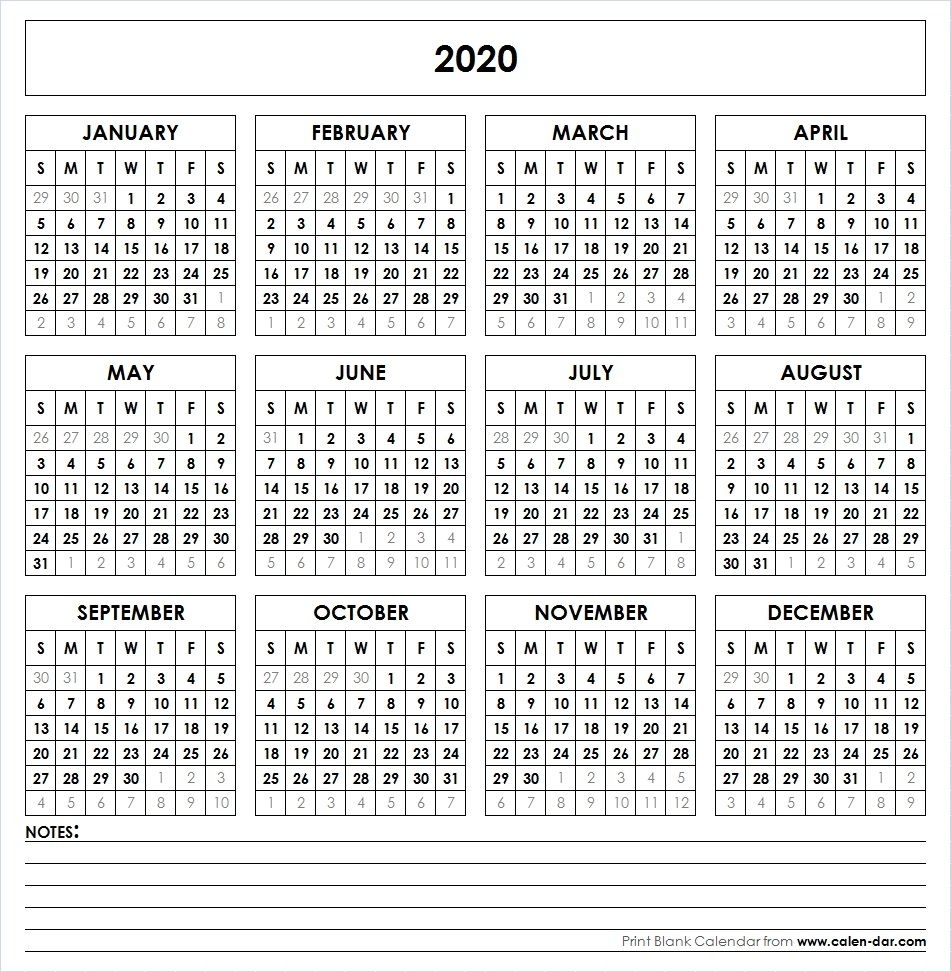 Blank 2020 Printable Calendar Template Pdf | Yearly Calendar