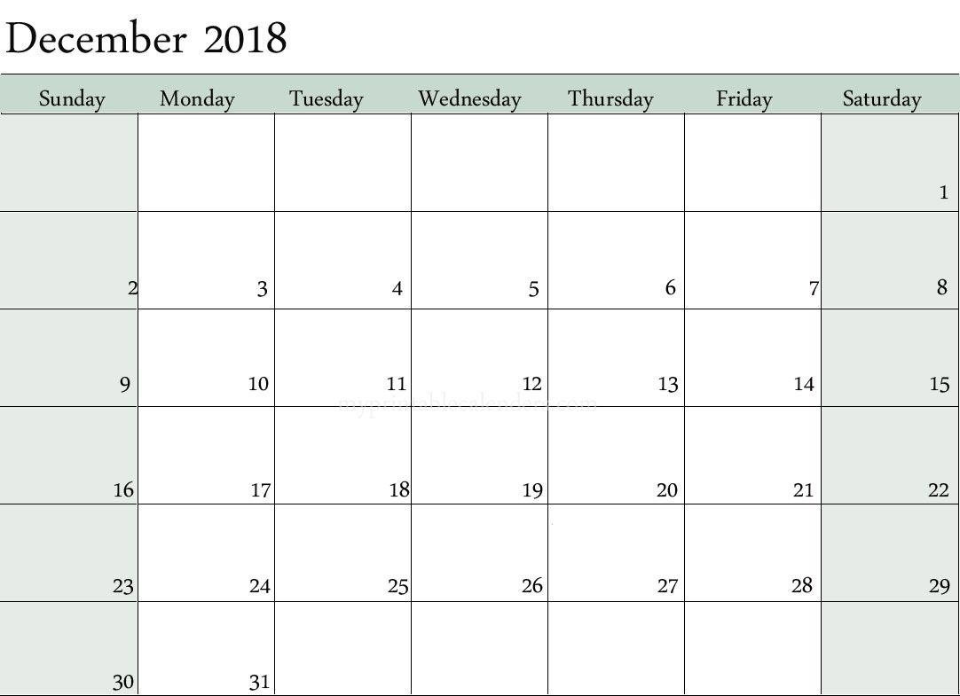 Blank Calendar December 2018 Printable Templates | Printable