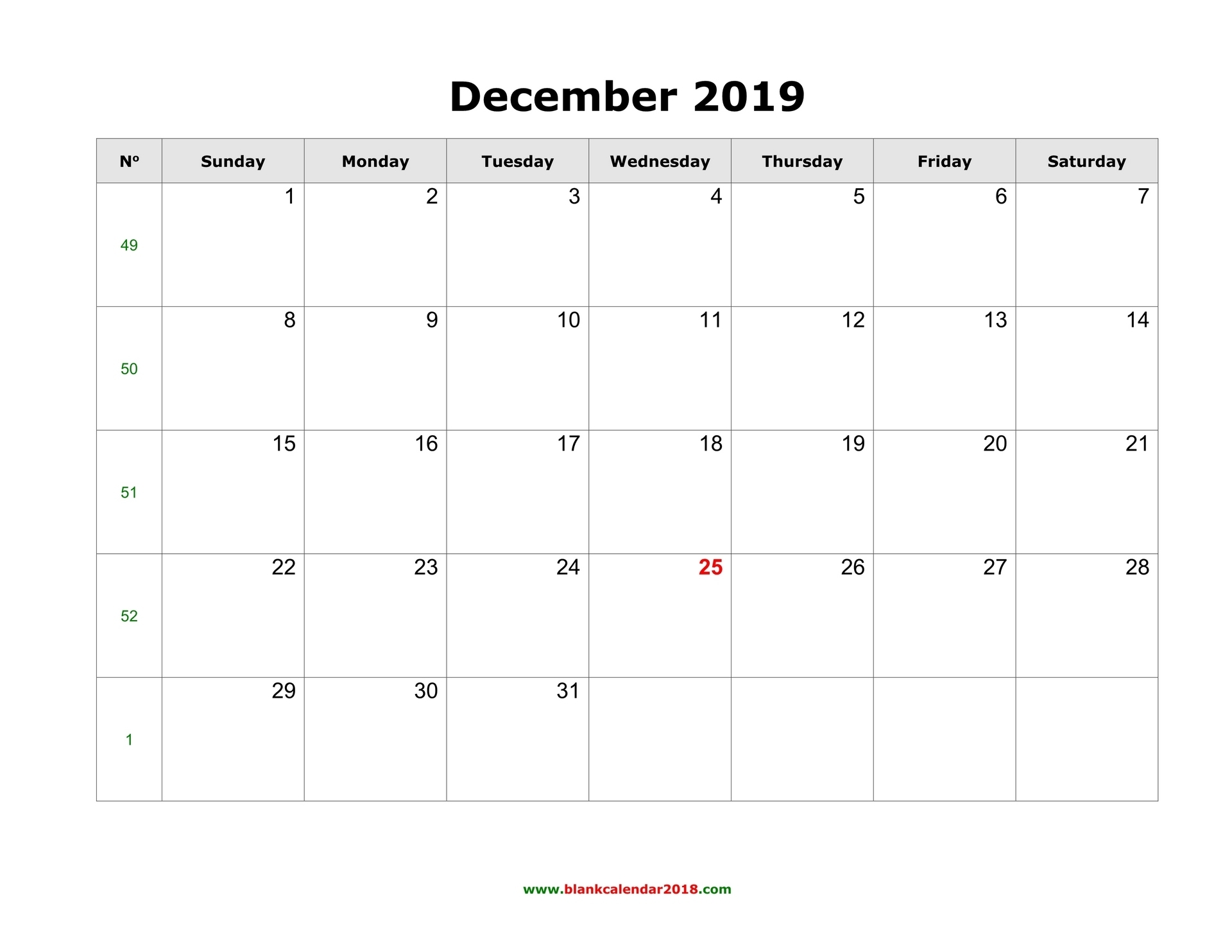 Blank Calendar For December 2019