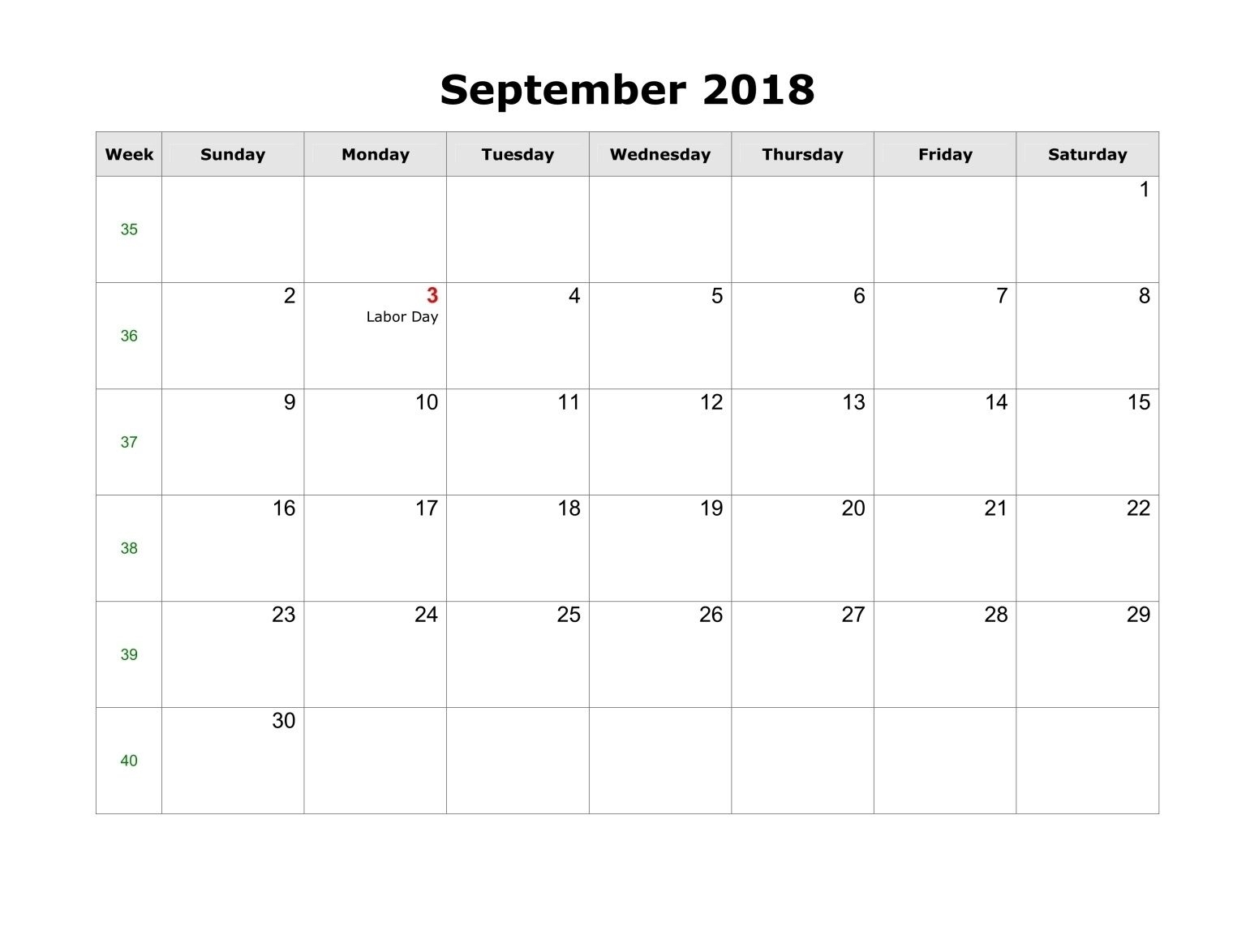 Calendar 2018 September Printable Template Download (With