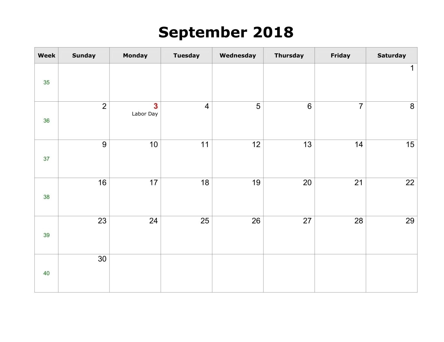 Calendar 2018 September Printable Template