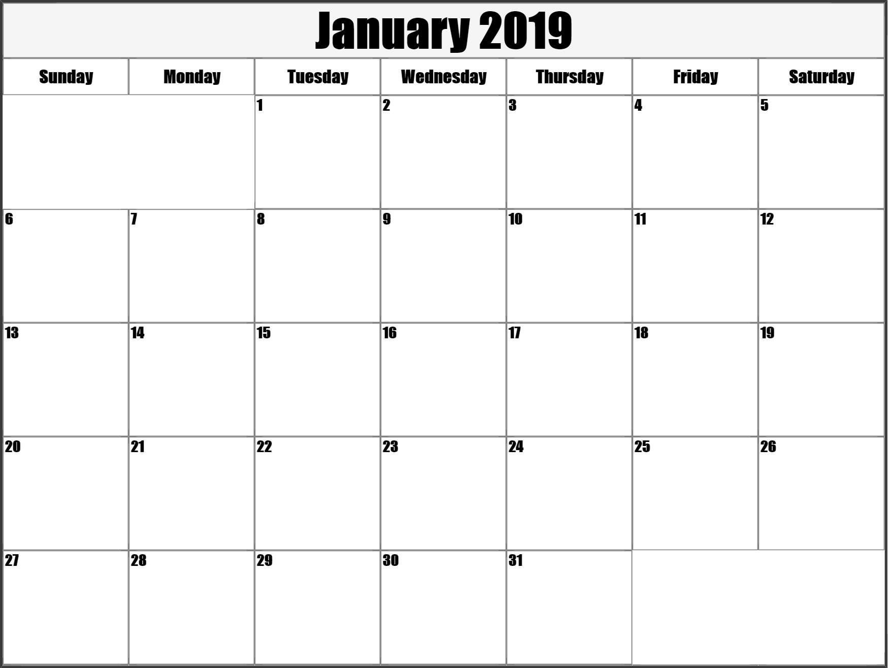 Calendar January 2019 Printable Large (With Images
