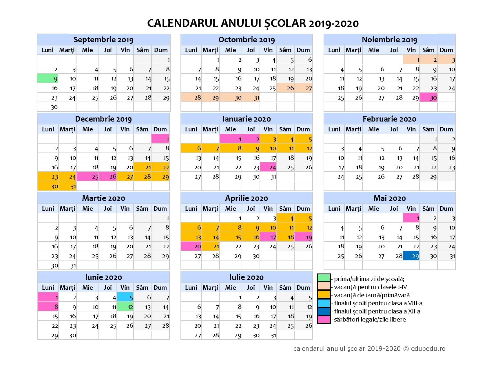 Calendar Școlar 2019 - 2020 - Liceul Pedagogic ”Gheorghe Șincai”
