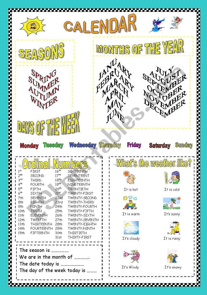 Calendar: Seasons, Months, Days Of The Week, Ordinal Numbers